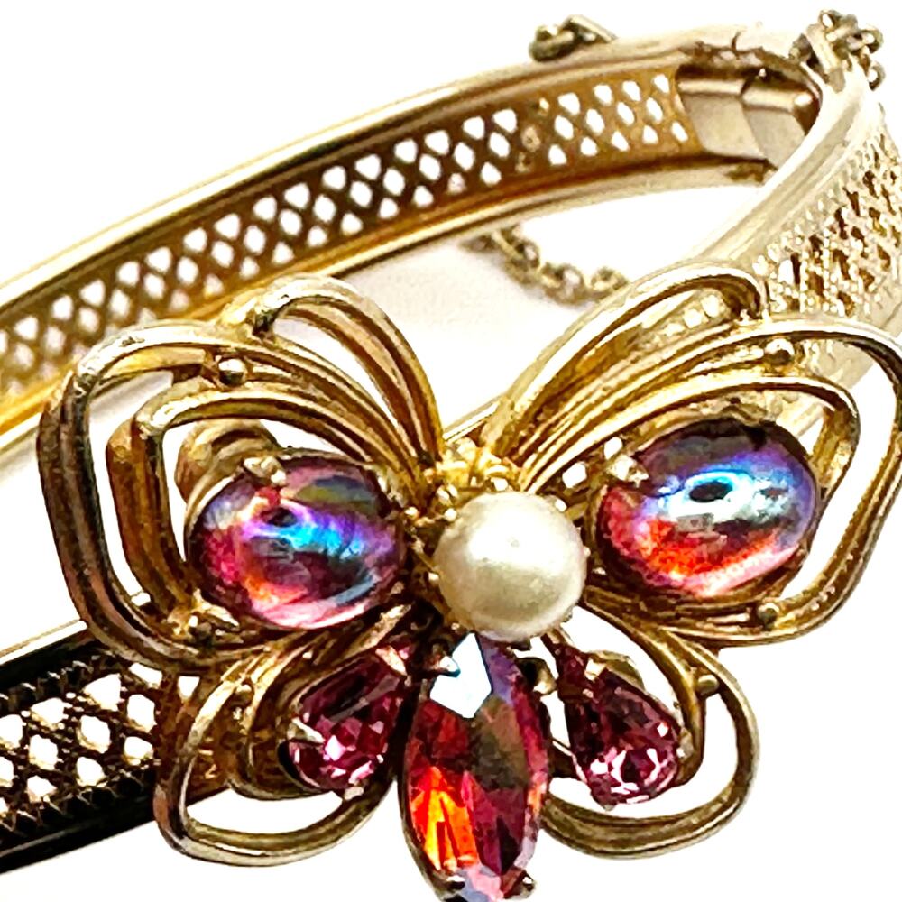 Butterfly Bracelet Hinge Bangle Iridescent Stone Gold tone Casual; Boho